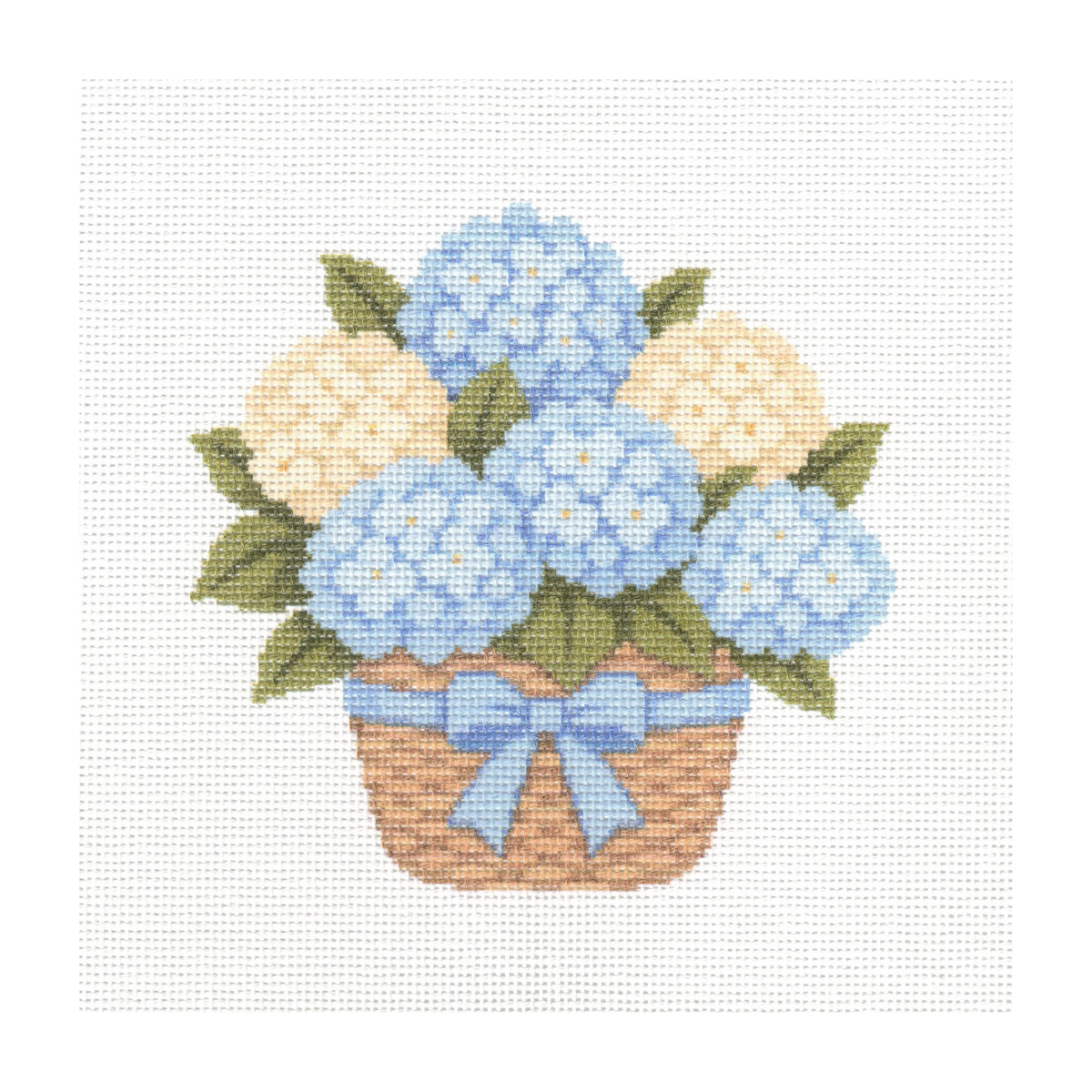 Blue and White Hydrangeas in Basket — 8" x 8"