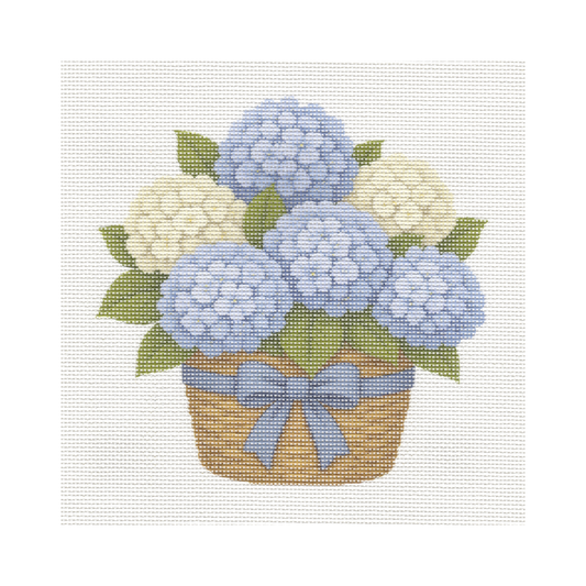 Blue and White Hydrangeas in Basket — 12" x 12" Canvas